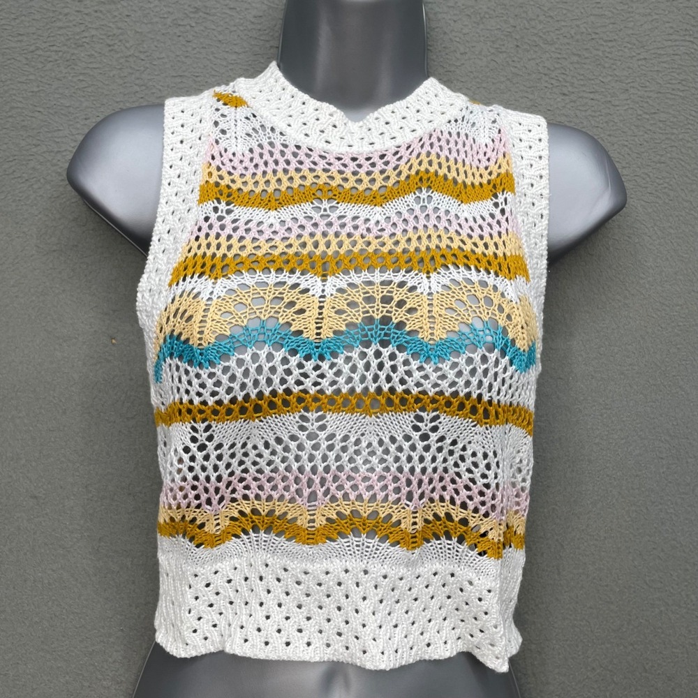 Women Crochet Knit Tank Top Multicolor Chevron Stripe S Boho Festival Sweater